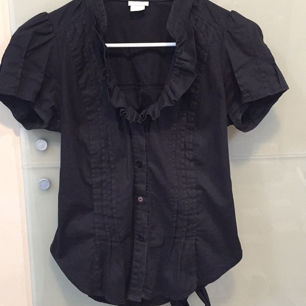 Anthropologie Black Ruffled Short-Sleeve Button Front Blouse